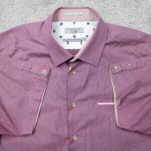 Ted Baker London Shirt Mens 6, 2XL XXL Red 100% Cotton Short Sleeve Button Up